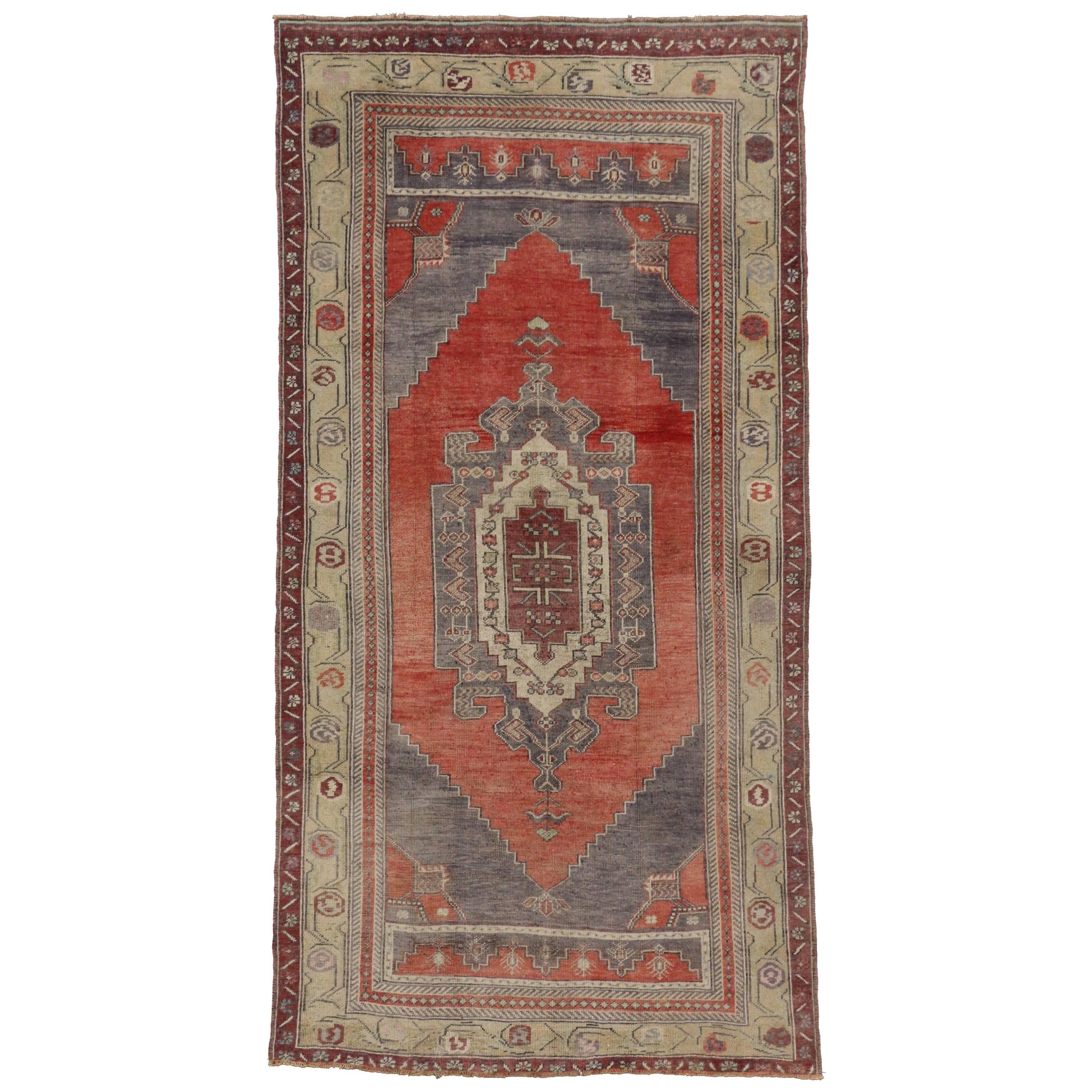 Vintage Turkish Oushak Gallery Rug with Tribal Pattern, Wide Hallway Runner For Sale