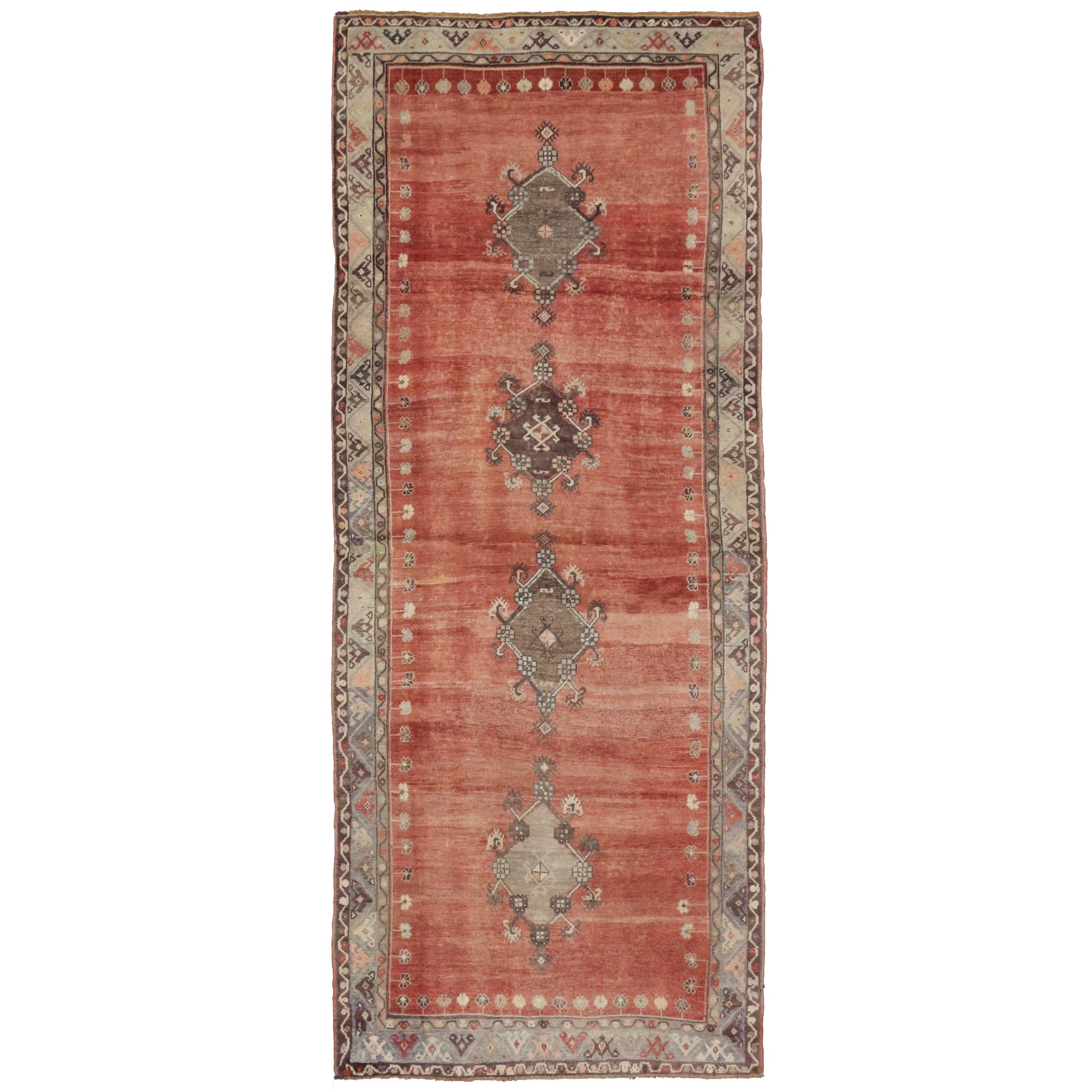 Vintage Turkish Oushak Gallery Rug with Mid-Century Modern Style For Sale