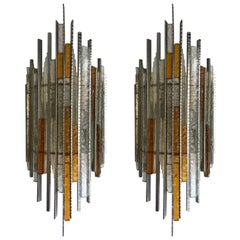 Pair of Sconces Hammered Glass Iron by Biancardi and Jordan Arte, Italy, 1970s