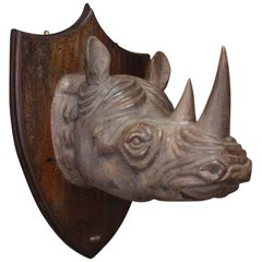 Decorative 1950s Carved Wooden Rhino Head