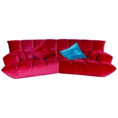 Bretz Cloud 7 Designer Four-Seat Sofa Red Velours Fabric Modern Couch, Germany