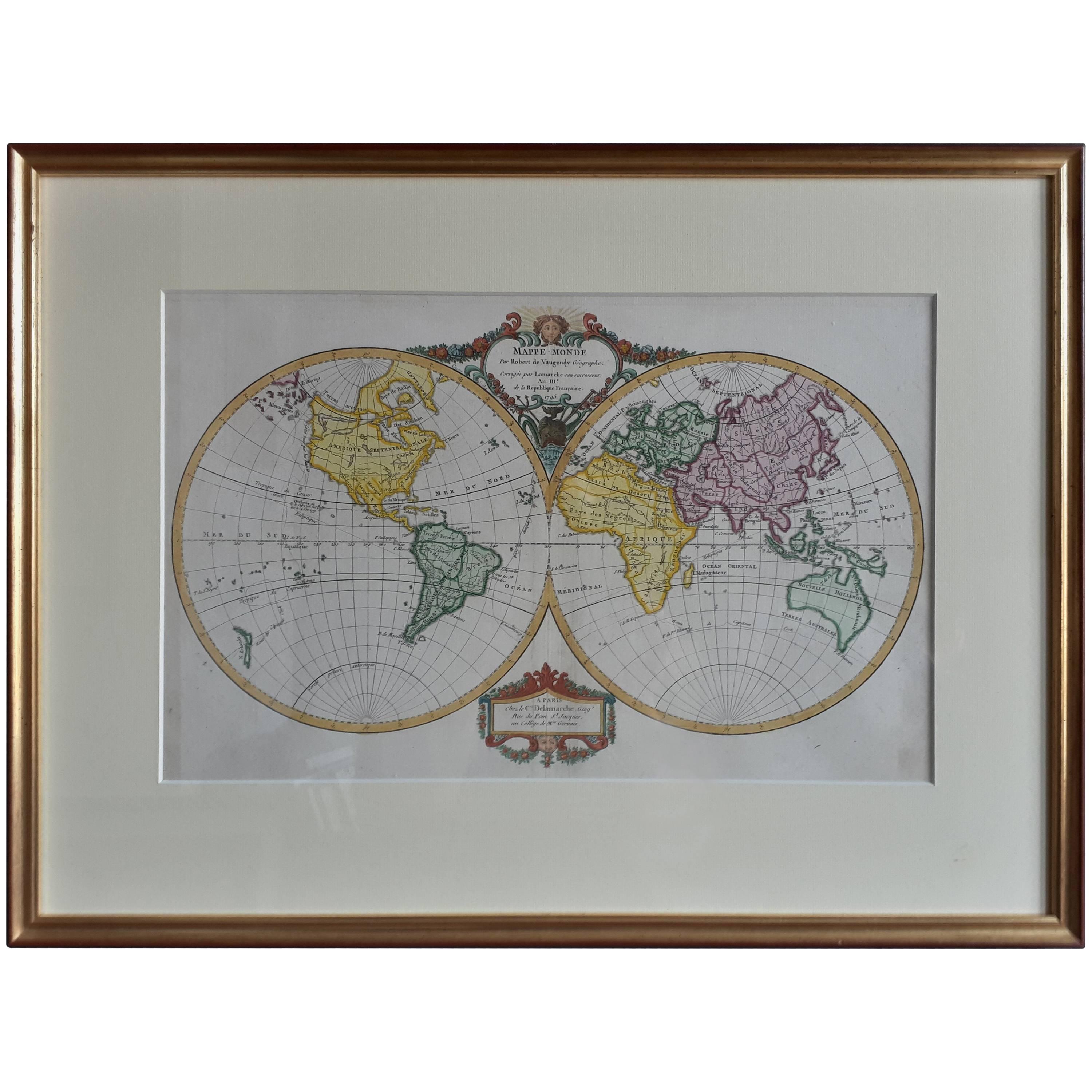 Antique Map of the World by R. de Vaugondy, 1795 For Sale