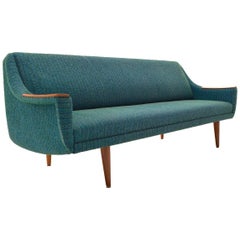 Vintage Norwegian Turquoise Blue Wool & Teak Double Four-Seat Sofabed Midcentury, 1960s