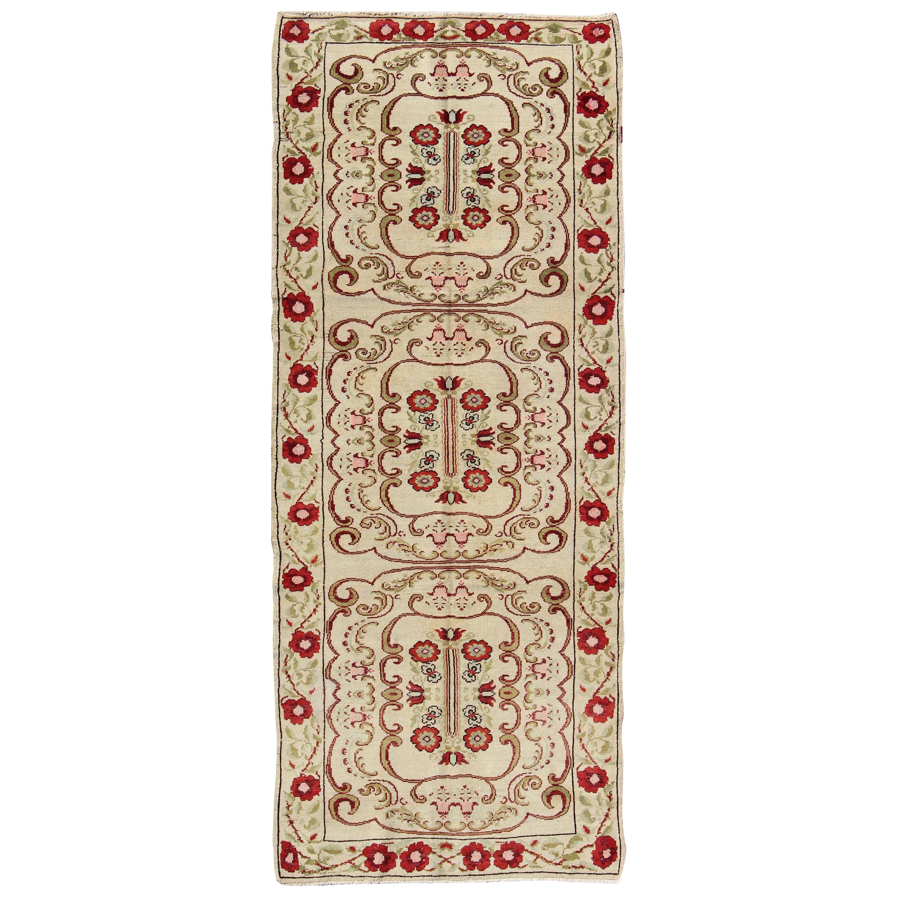 Vintage Turkish Runner with Floral Deco Design in Cream and Red and Green For Sale