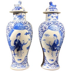 Antique Pair of Chinese Export Vases and Covers, Kanxi Revival, 19th-20th Century