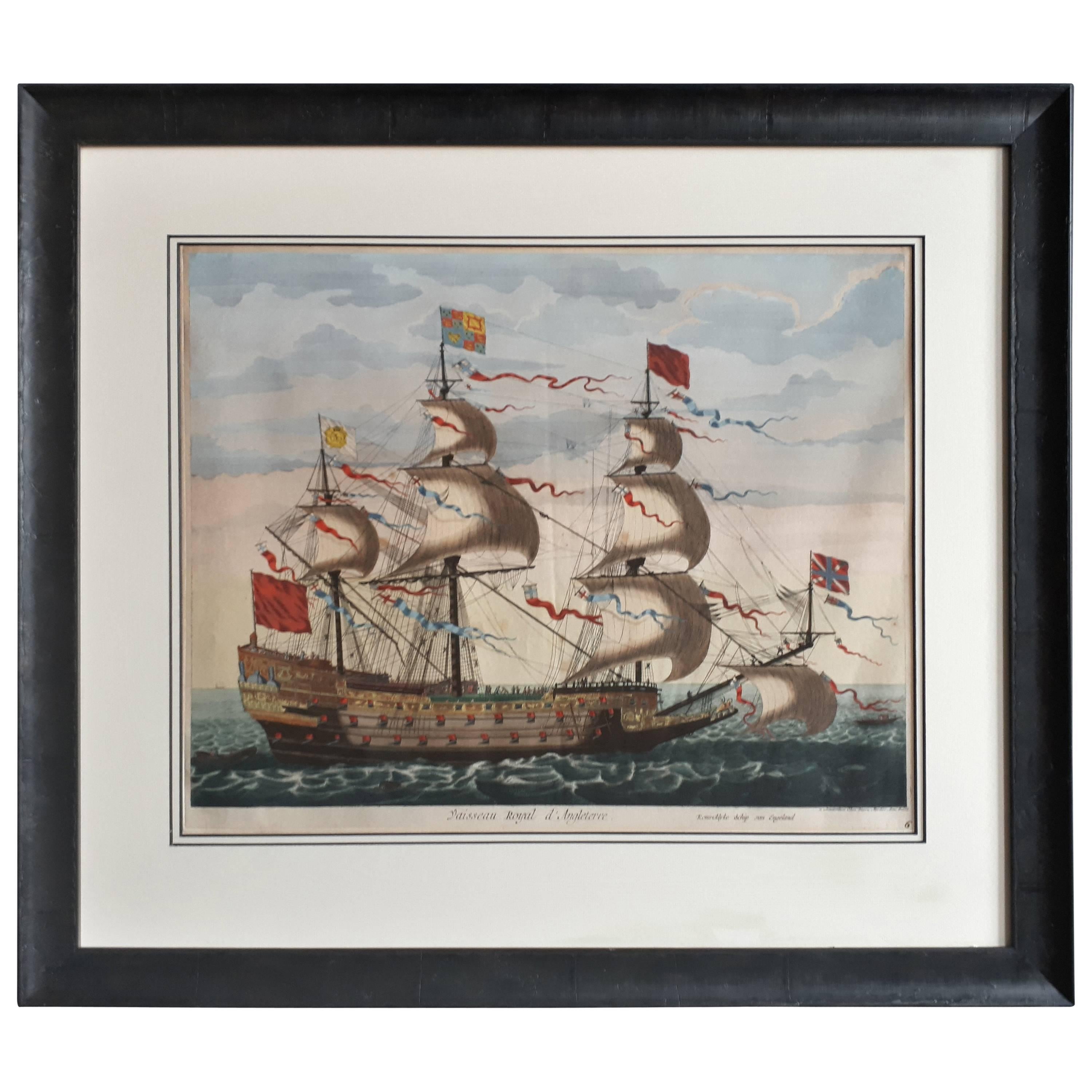 Antique Print of the Royal Flagship of the English Fleet by P. Mortier, c.1693 For Sale
