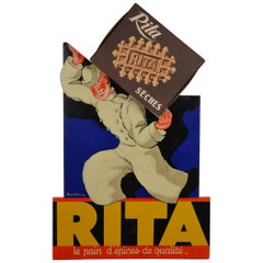 Retro 1940s French 3-D Litho Cardboard Advertising Sign for Rita Waffles, Leon Dupin