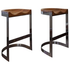 Pair of Oak and Chrome Bar Stools by Warren Bacon California Design
