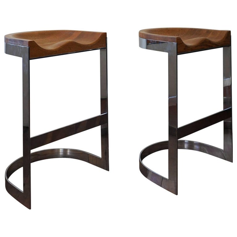 Pair of Oak and Chrome Bar Stools by Warren Bacon California Design at