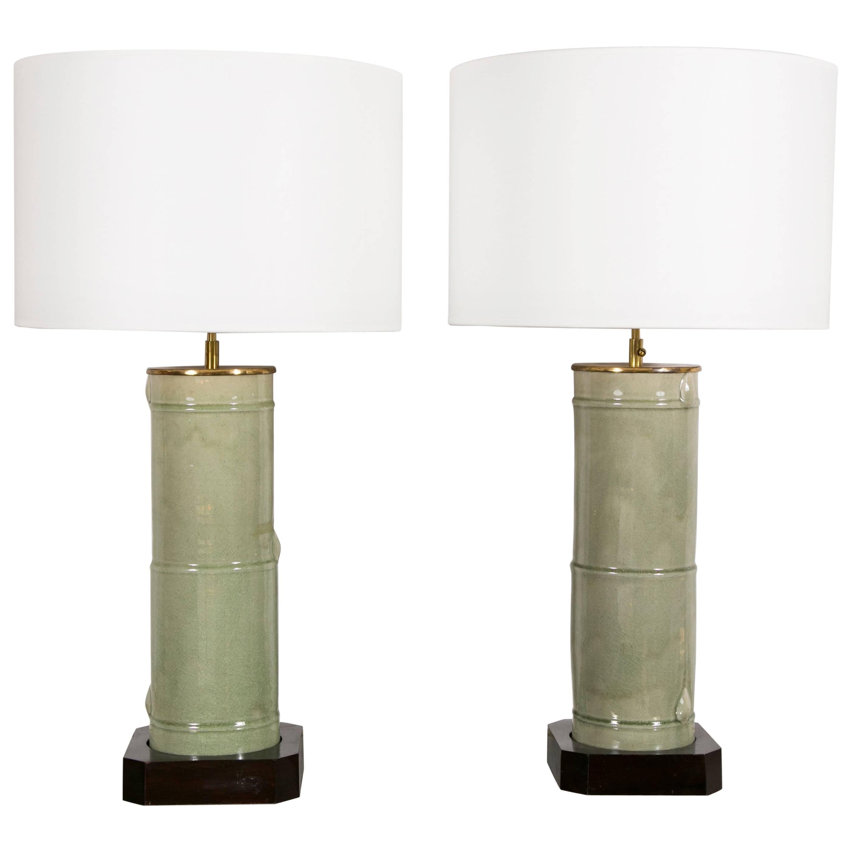 Pair of Large Cylindrical Céladon Lamps