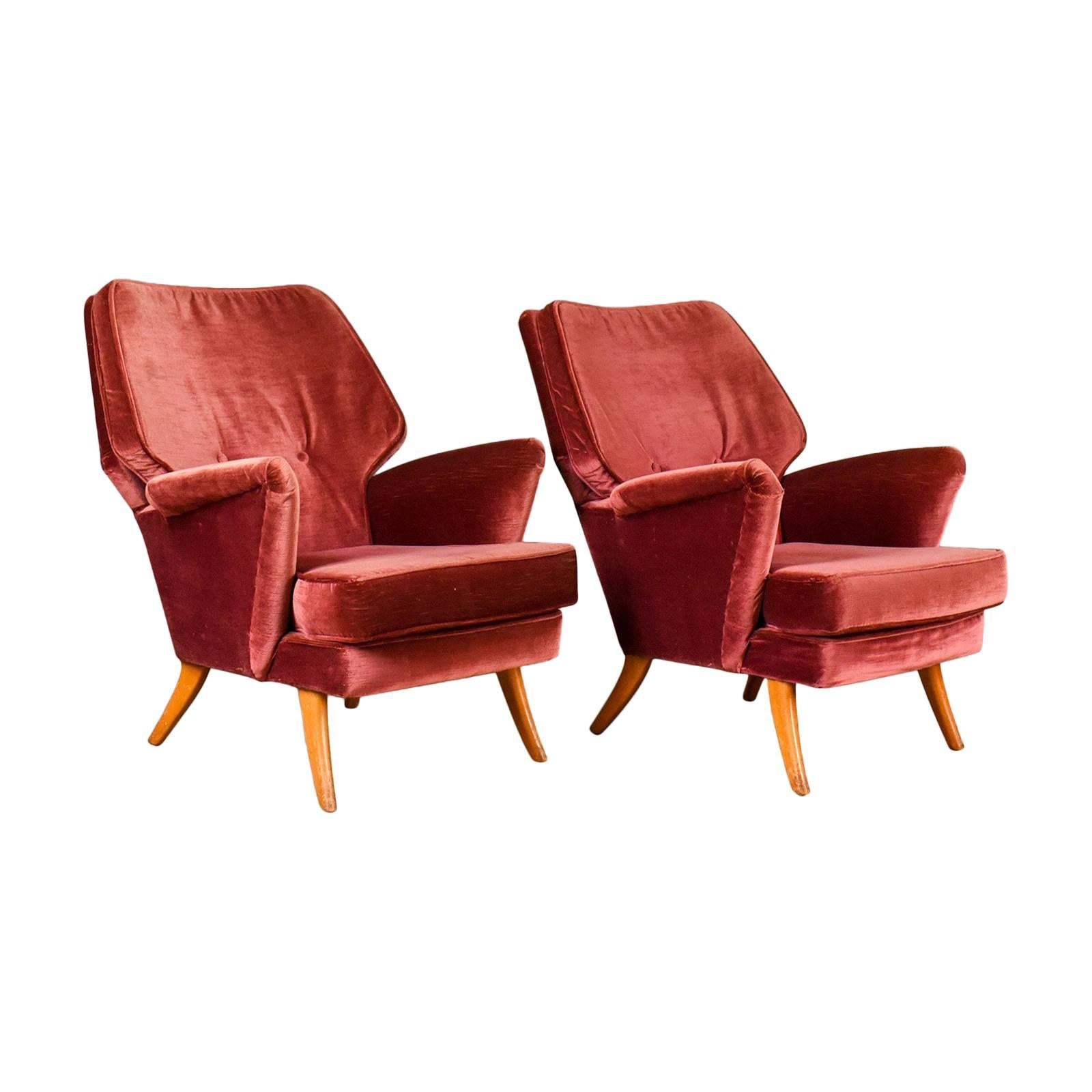 Pair of Midcentury Armchairs, Vintage Club Designer Easy Chairs, circa 1950