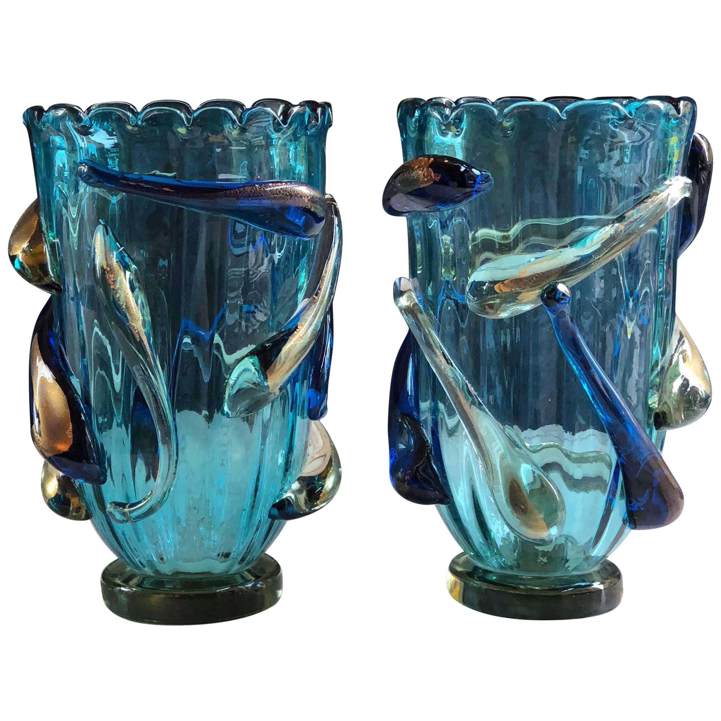 Late 20th Century Pair of Turquoise Blue & Gold Murano Glass Vases by Costantini