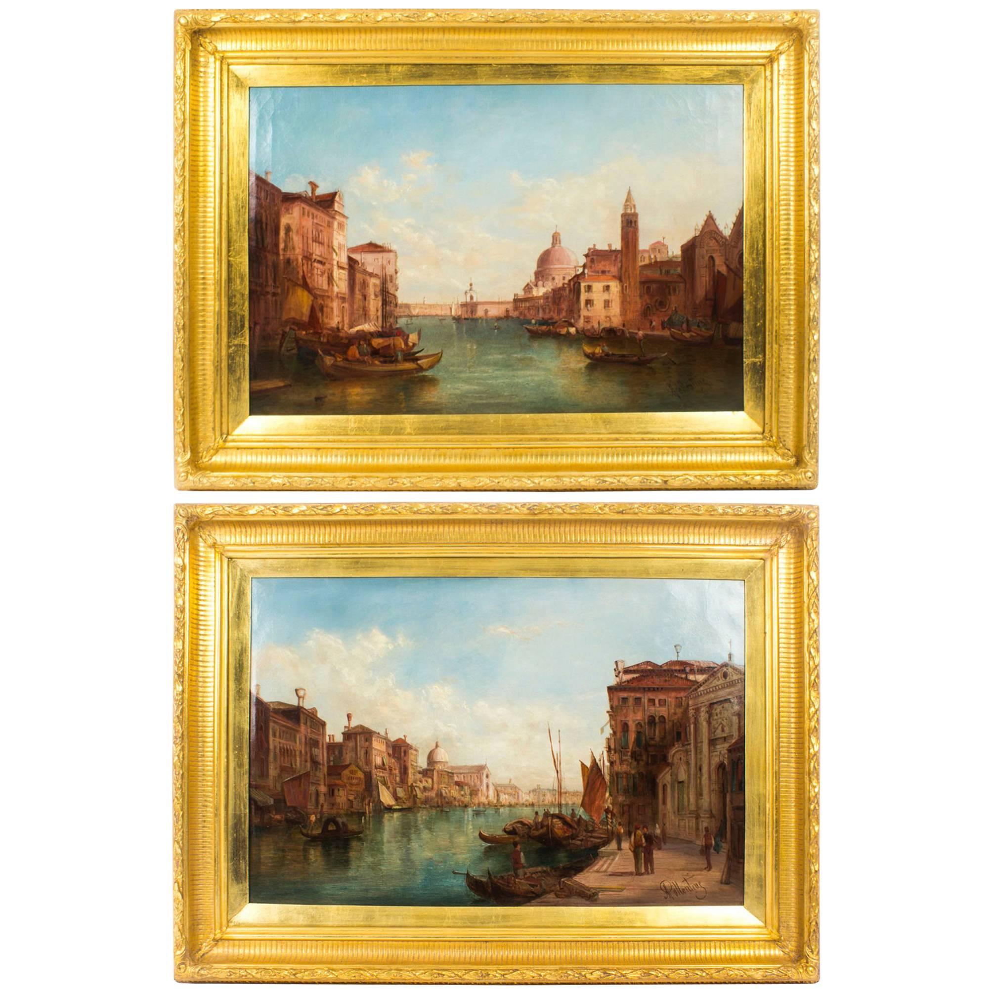 Antique Pair Oil Paintings Grand Canal Venice Alfred Pollentine, 19th Century For Sale