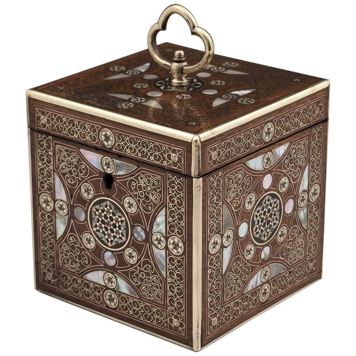 Antique Persian Single Brass Inlaid Tea Caddy 19th Century