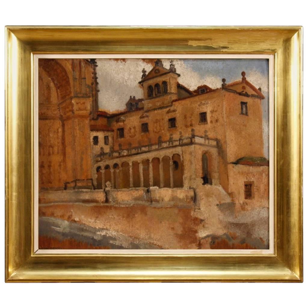 Belgian Signed Painting Oil on Board Landscape with Architectures 20th Century