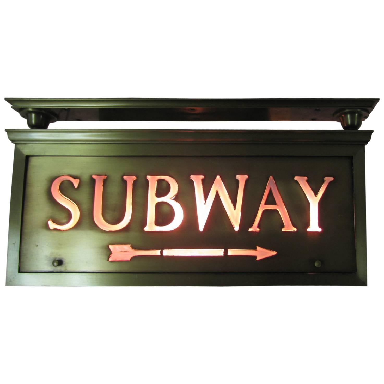 Brass With Tiffany Glass NYC Electric Subway Sign, circa 1920