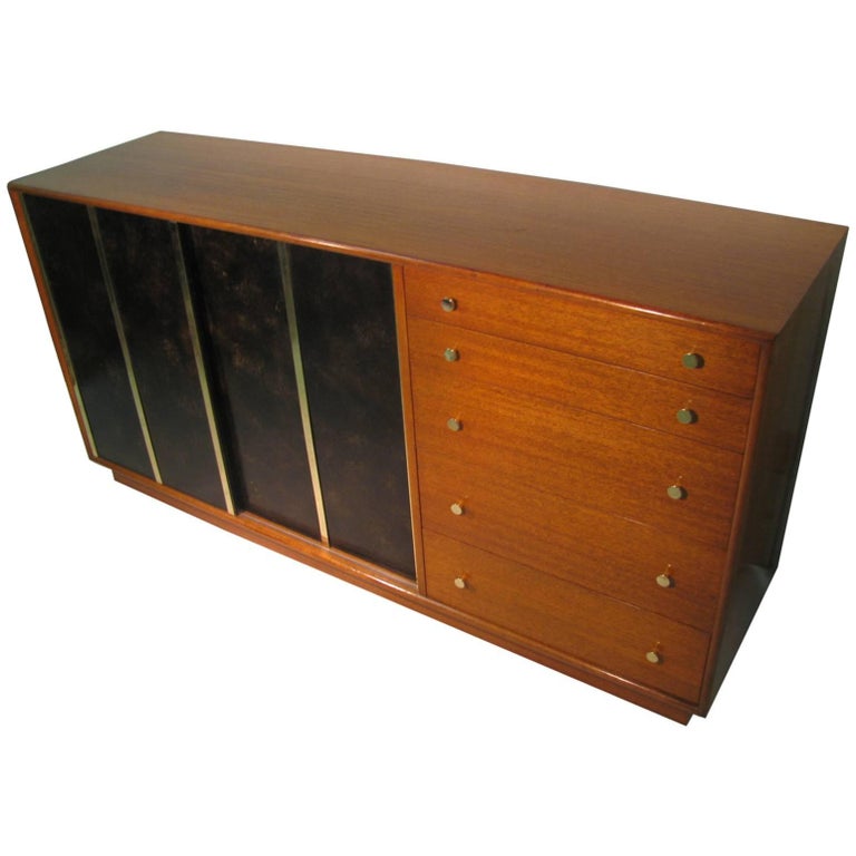 MidCentury Modern 5 Drawer Dresser 2 Door with Leather Brass Harvey