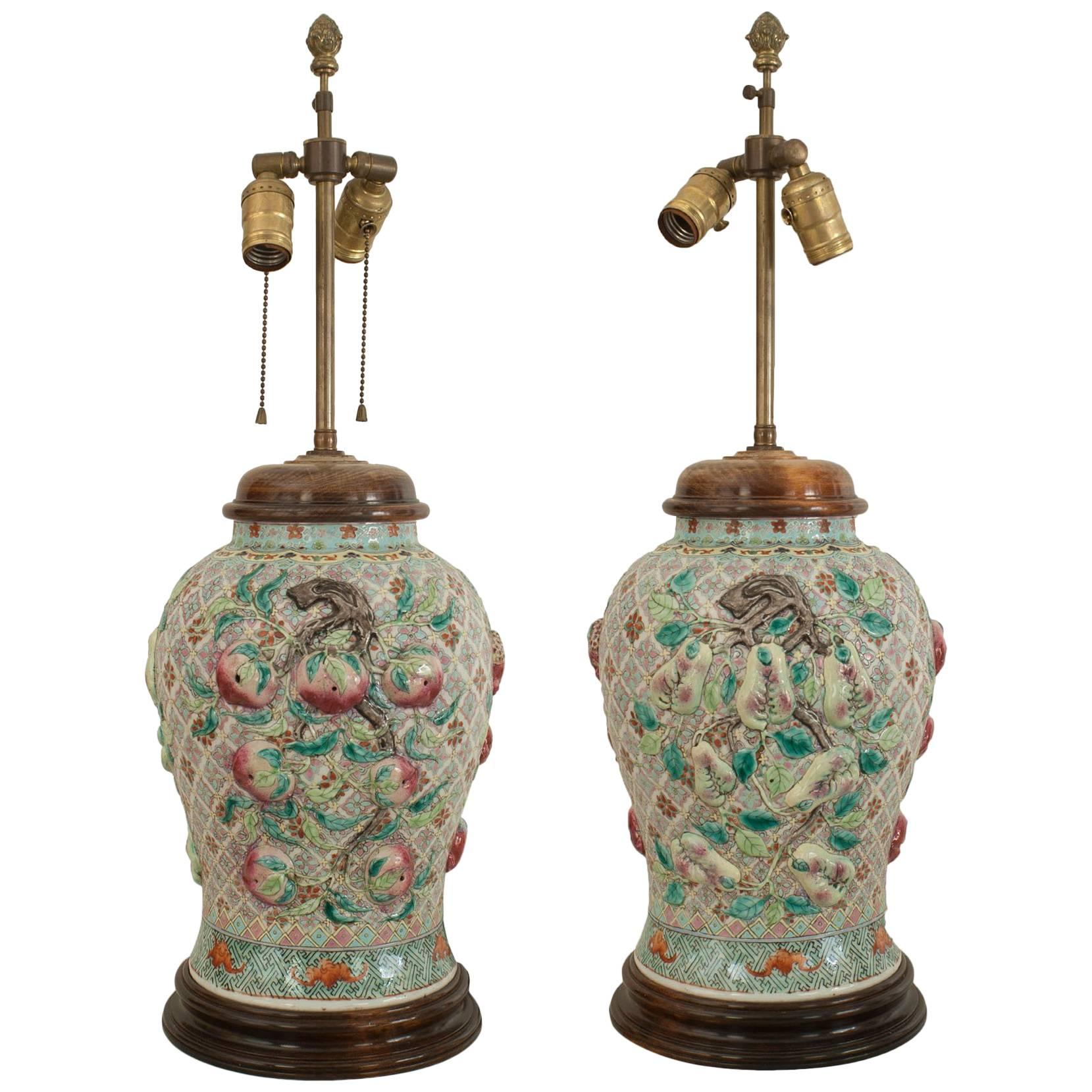 Pair of Asian Chinese Style, Large Ginger Jar Shaped Porcelain Lamps
