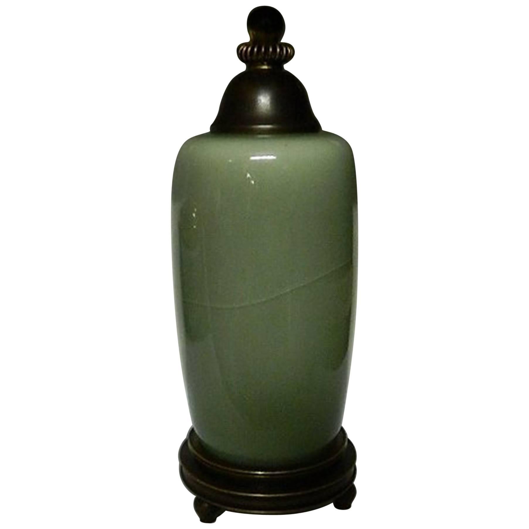 Royal Copenhagen Celedon Vase with Bronze Stand and Lid by Knud Andersen For Sale