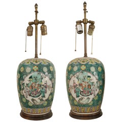 Pair of Asian Chinese Style Ginger Jar Green Porcelain Table Lamps