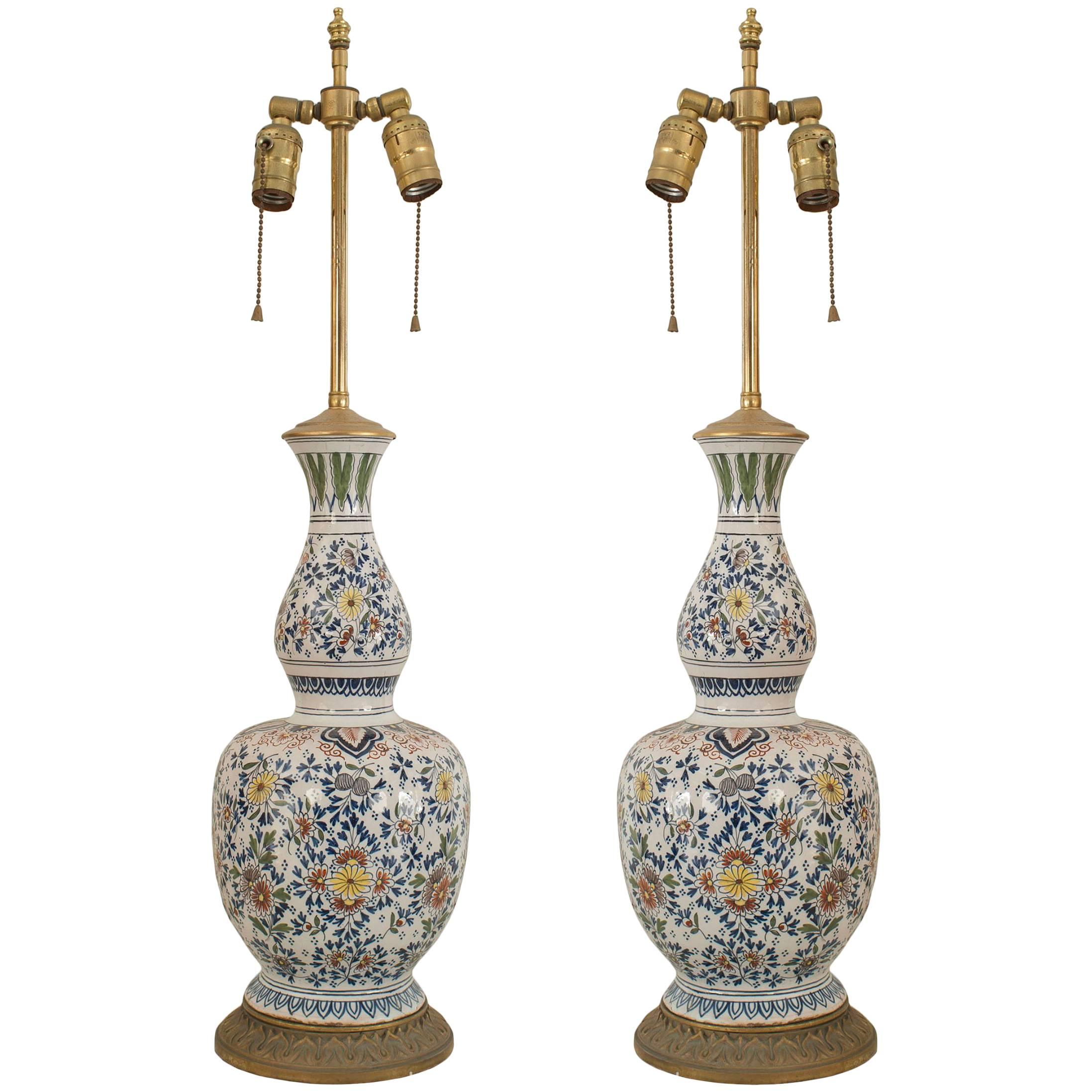 Pair of English Victorian Two-Tiered Porcelain Lamps
