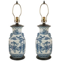 Pair of Asian Chinese Style Blue and White Vase Form Table Lamps
