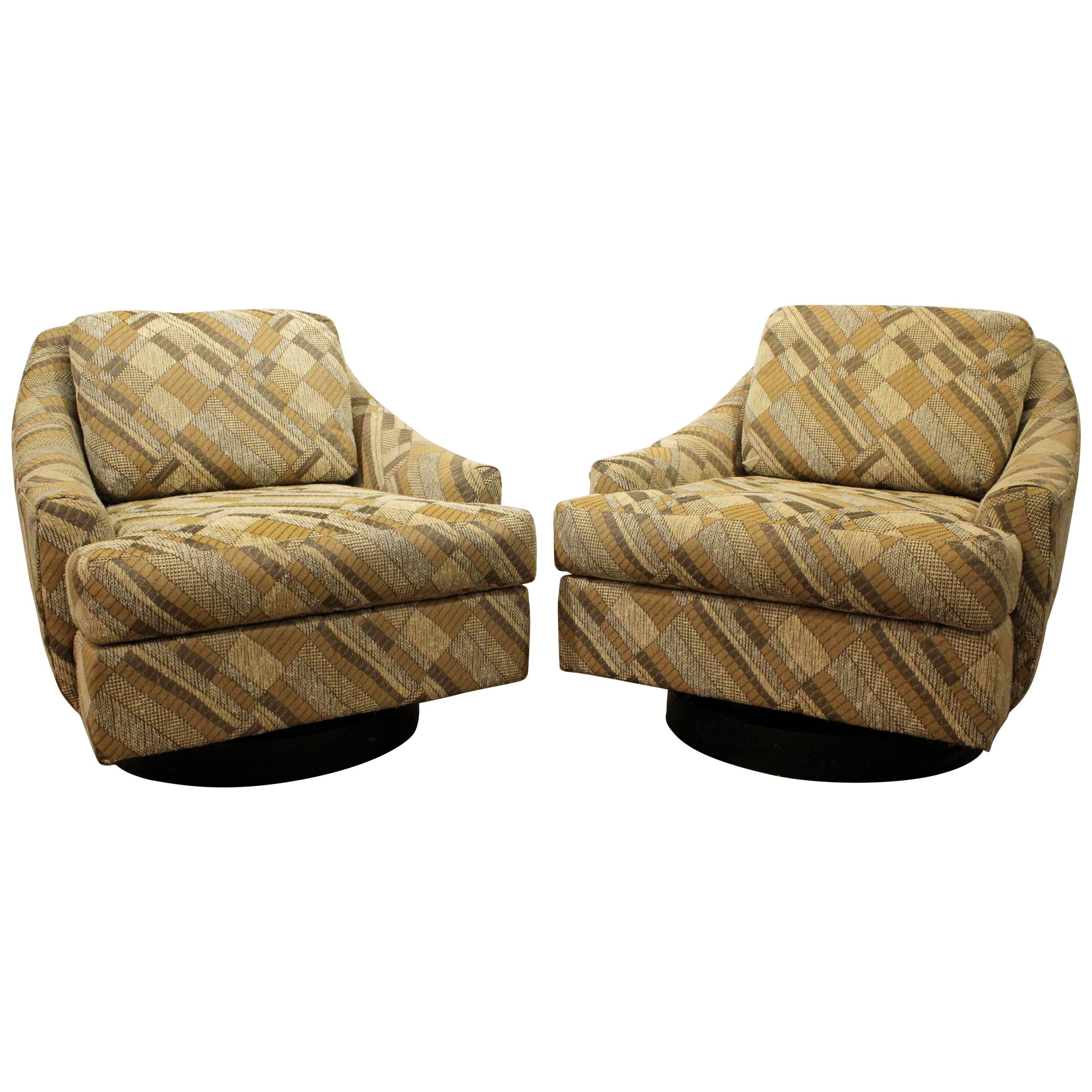 Pair of Mid-Century Modern Milo Baughman Selig Geometric Swivel Club Chairs