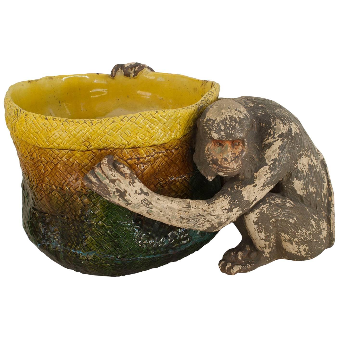 English Victorian Majolica Porcelain Monkey Pot For Sale