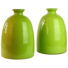 Colorful Tall Pair of Green Vintage Italian Murano Glass Vases by Cenedese