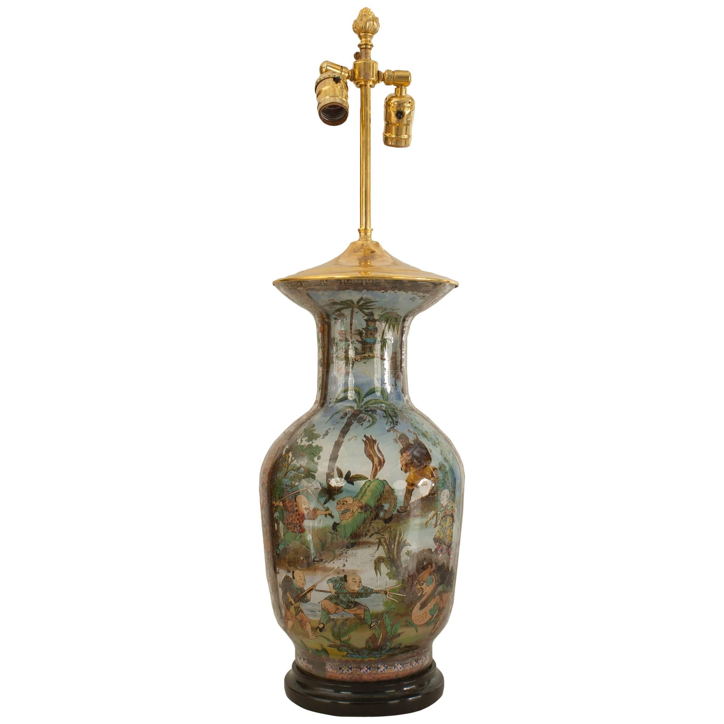 Chinese Eglomise Glass Vase Table Lamp