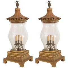 Pair of English Regency Style Gilt and Tole Hurricane Lamps