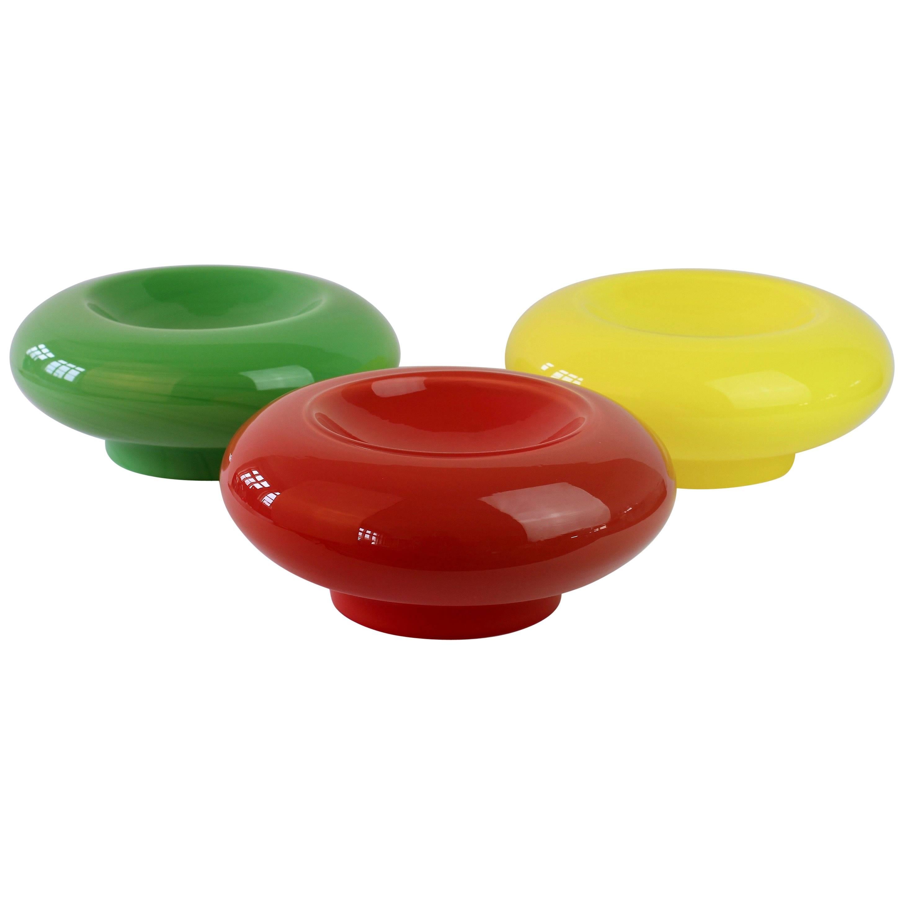 Trio of Green, Red and Yellow Italian Murano Glass Bowls or Vases