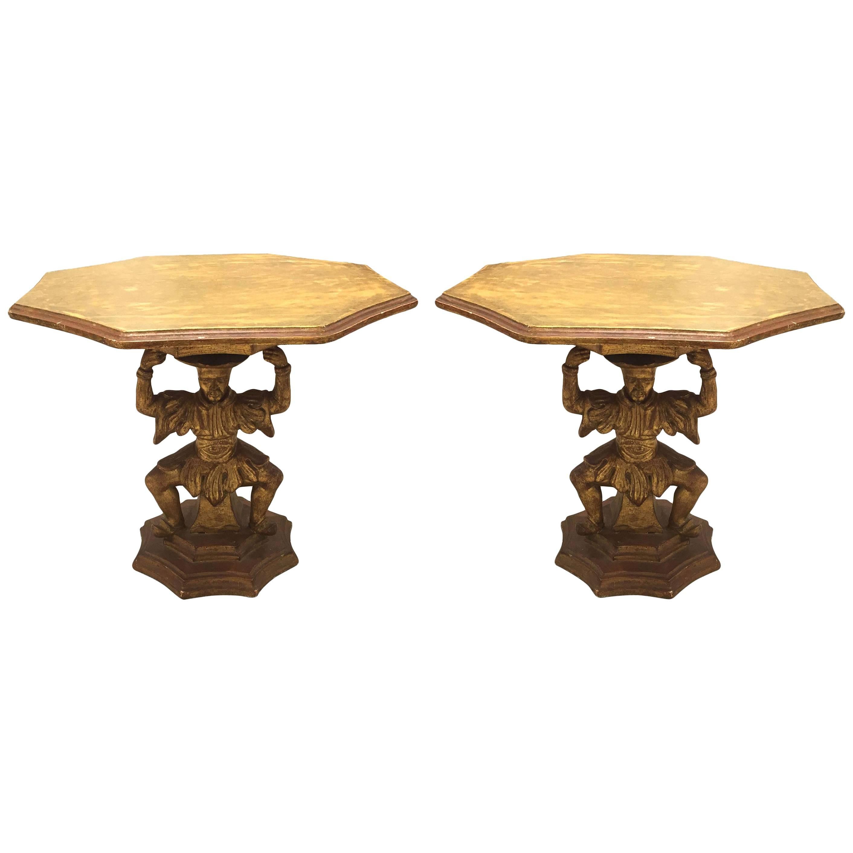 Pair of Italian 1950s Carved Giltwood Low End Tables