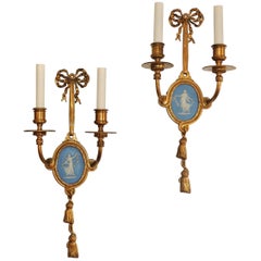 Antique Wonderful Pair of French Bow Top Gilt Bronze Blue Wedgwood Jasper Plaque Sconces