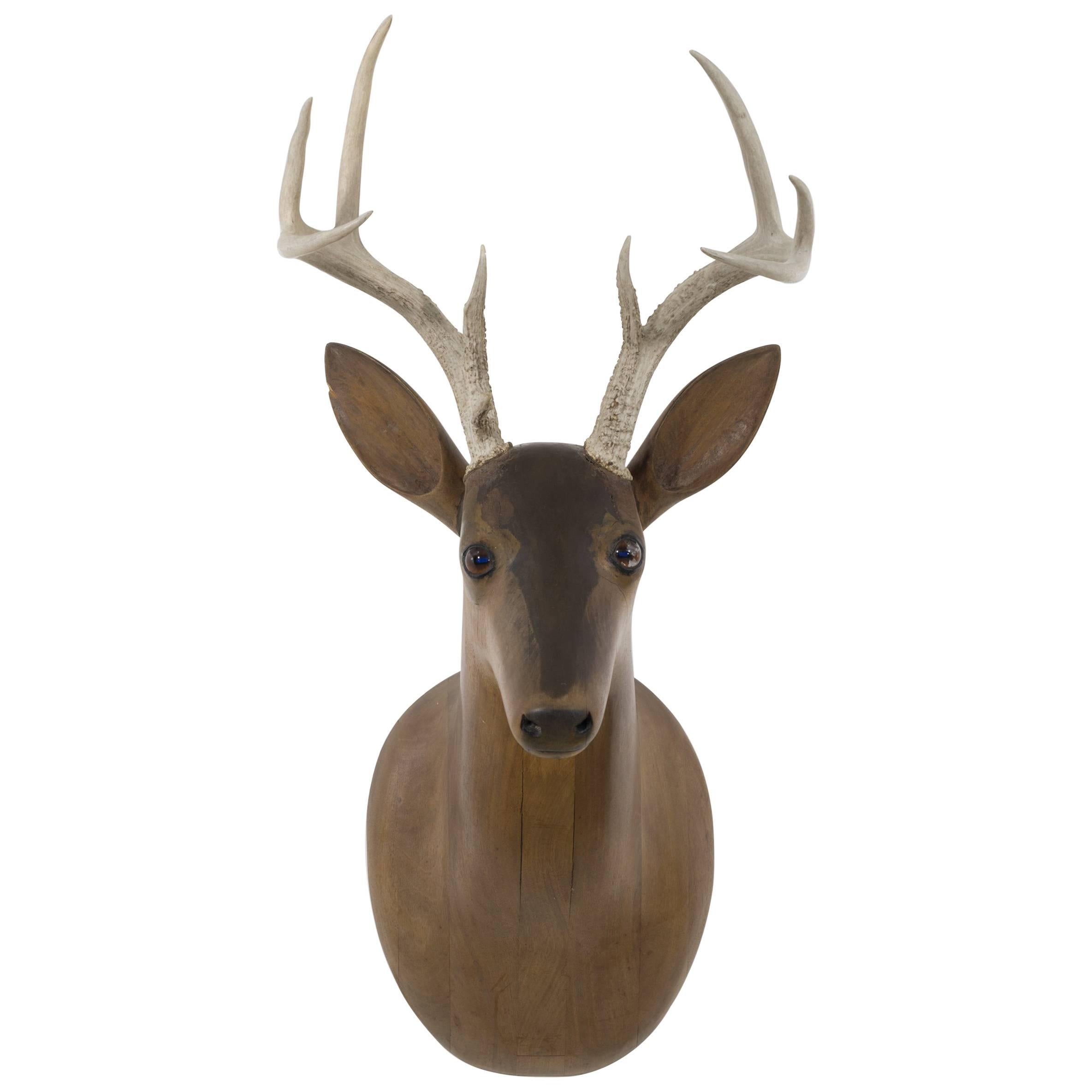 Folk Art Carved Wooden Deer Head