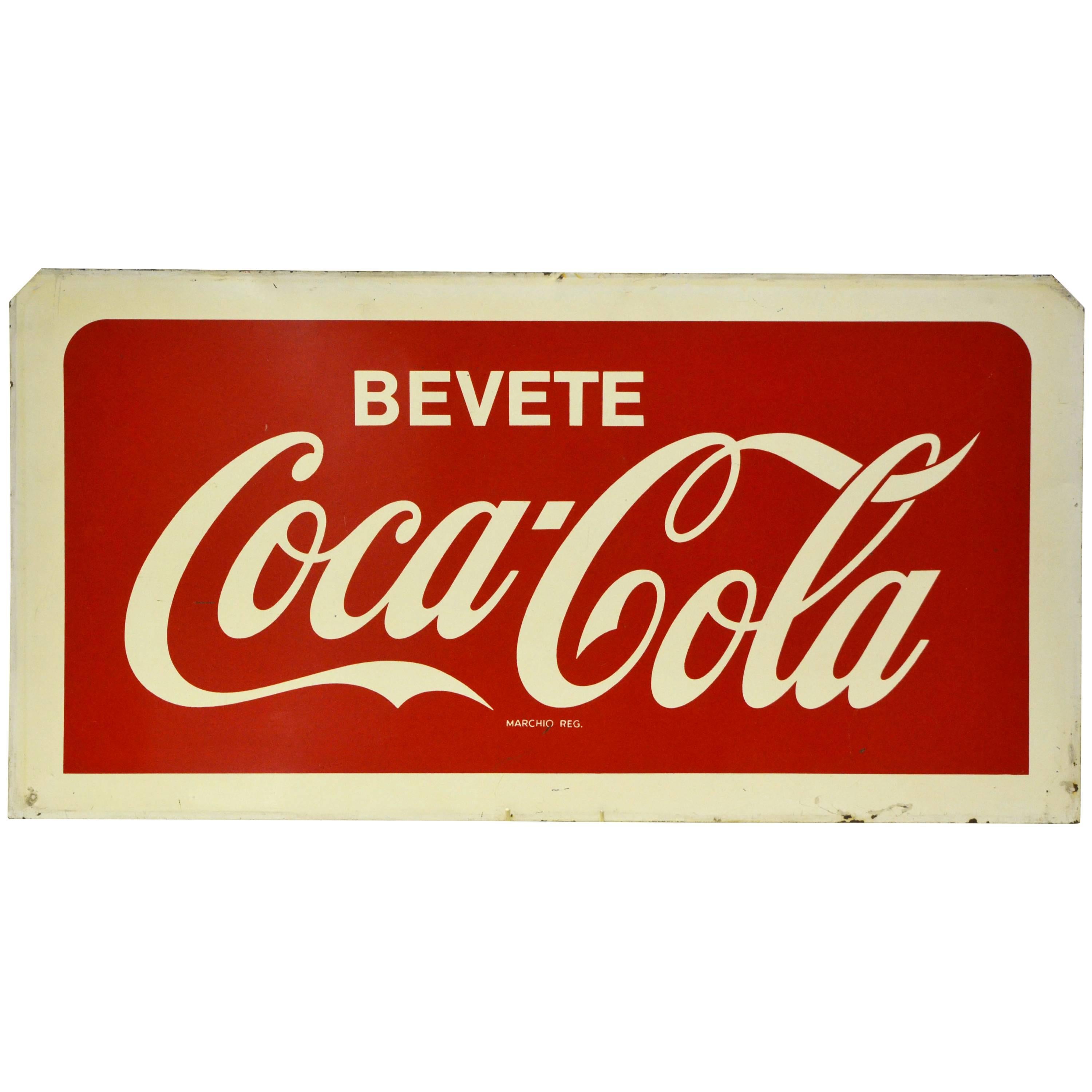 1960s Double-Sided Italian Metal Screen Printed Bevete Coca-Cola Sign For Sale