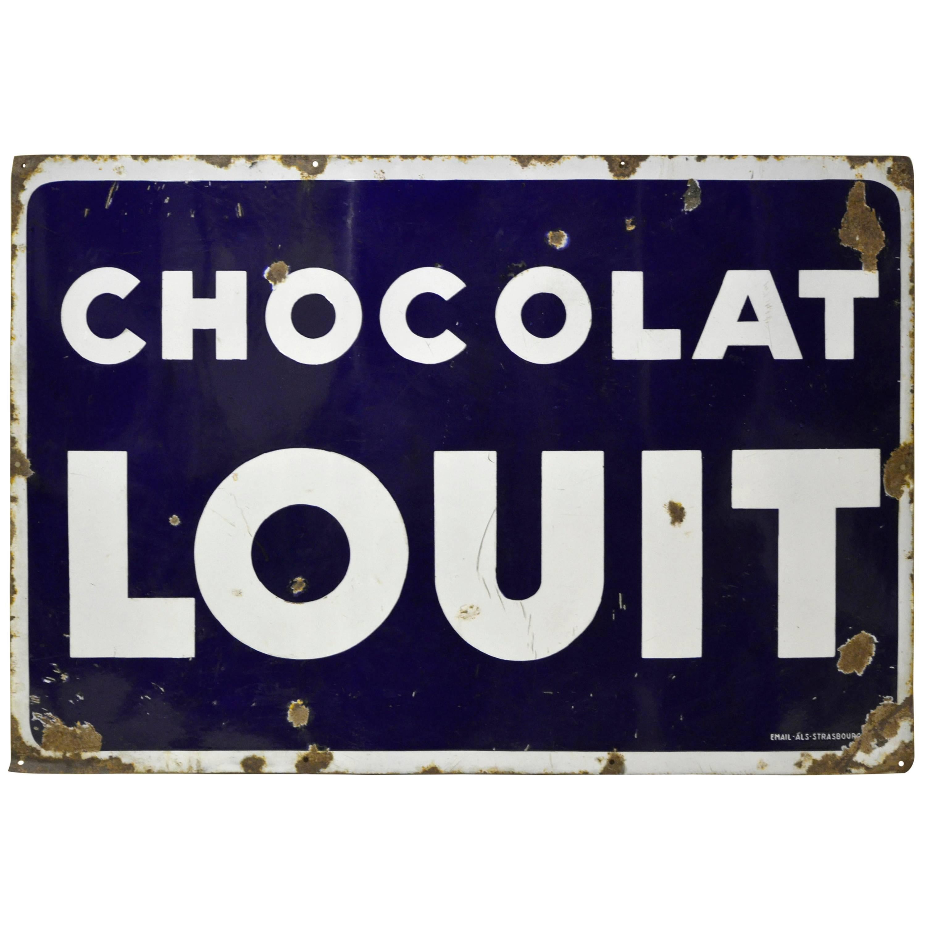 1960s Large French Blue and White Enamel Metal Chocolat Louit Sign