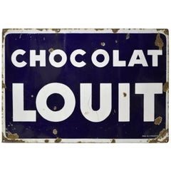 Vintage 1960s Large French Blue and White Enamel Metal Chocolat Louit Sign