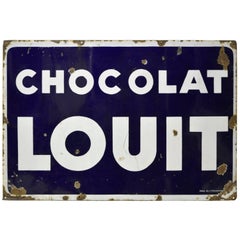 1960s Large French Blue and White Enamel Metal Chocolat Louit Sign