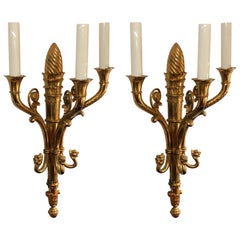 Antique Elegant Pair of Regency Neoclassical French Empire Gilt Doré Bronze Lion Sconces