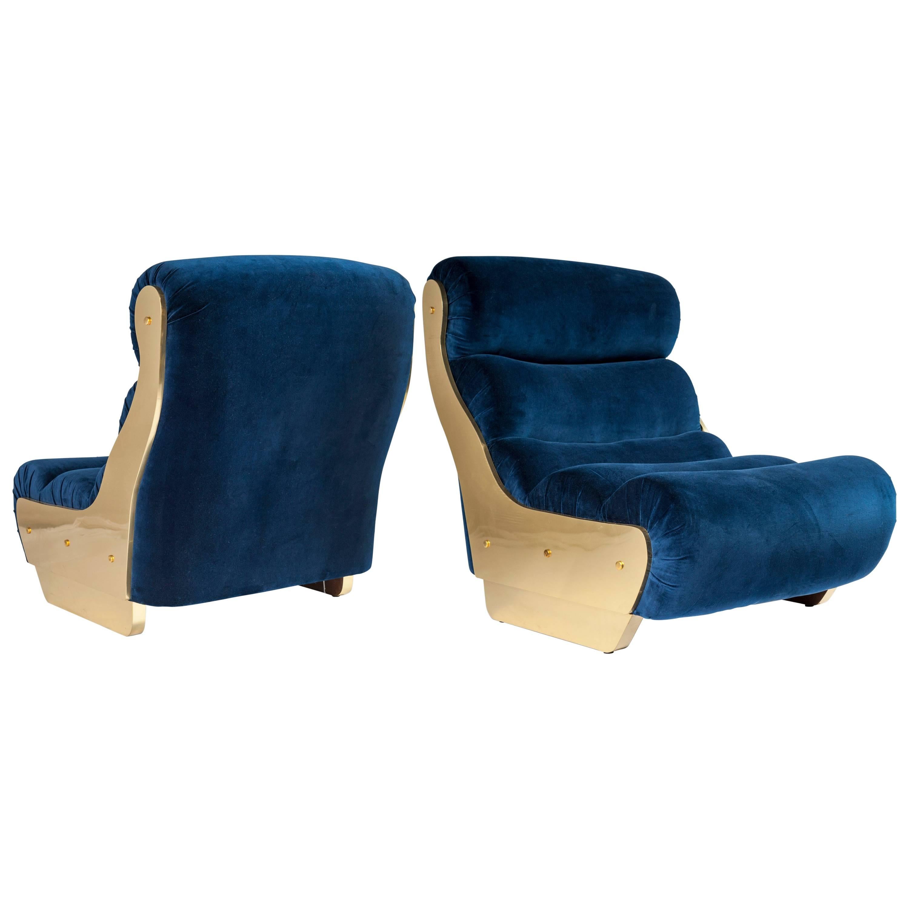 Pair of Electric Blue and Brass Armchairs