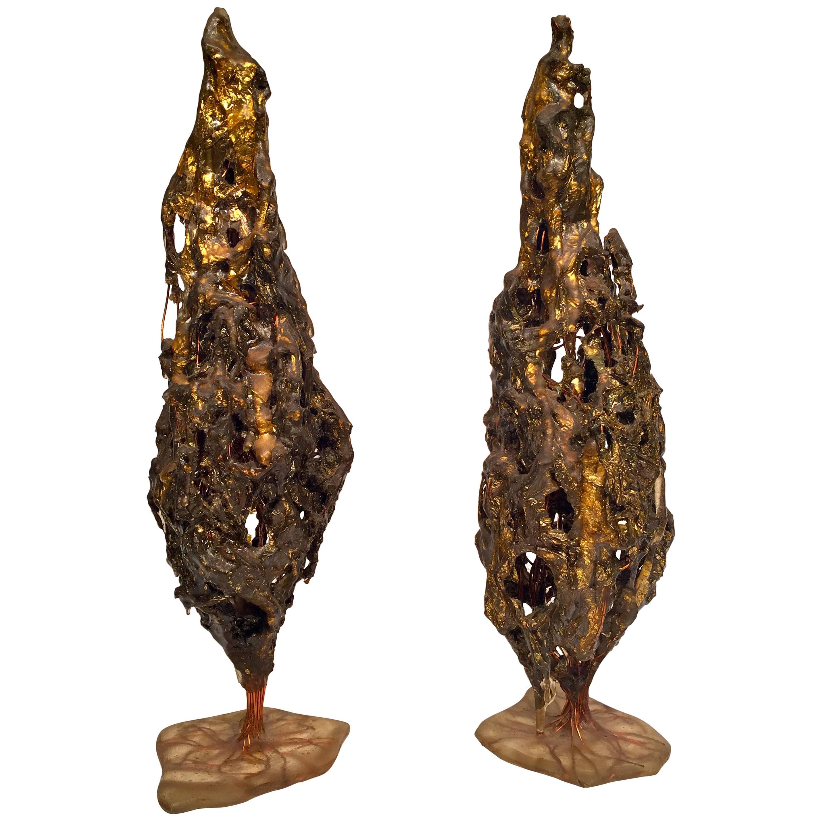 Maurício Bentes Brazilian Pair of Resin, Gold and Copper Tree Sculptures For Sale