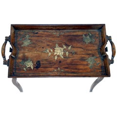 Victorian Table with Detachable Tray in Rhodesian Teak Wood with Brass Inlay