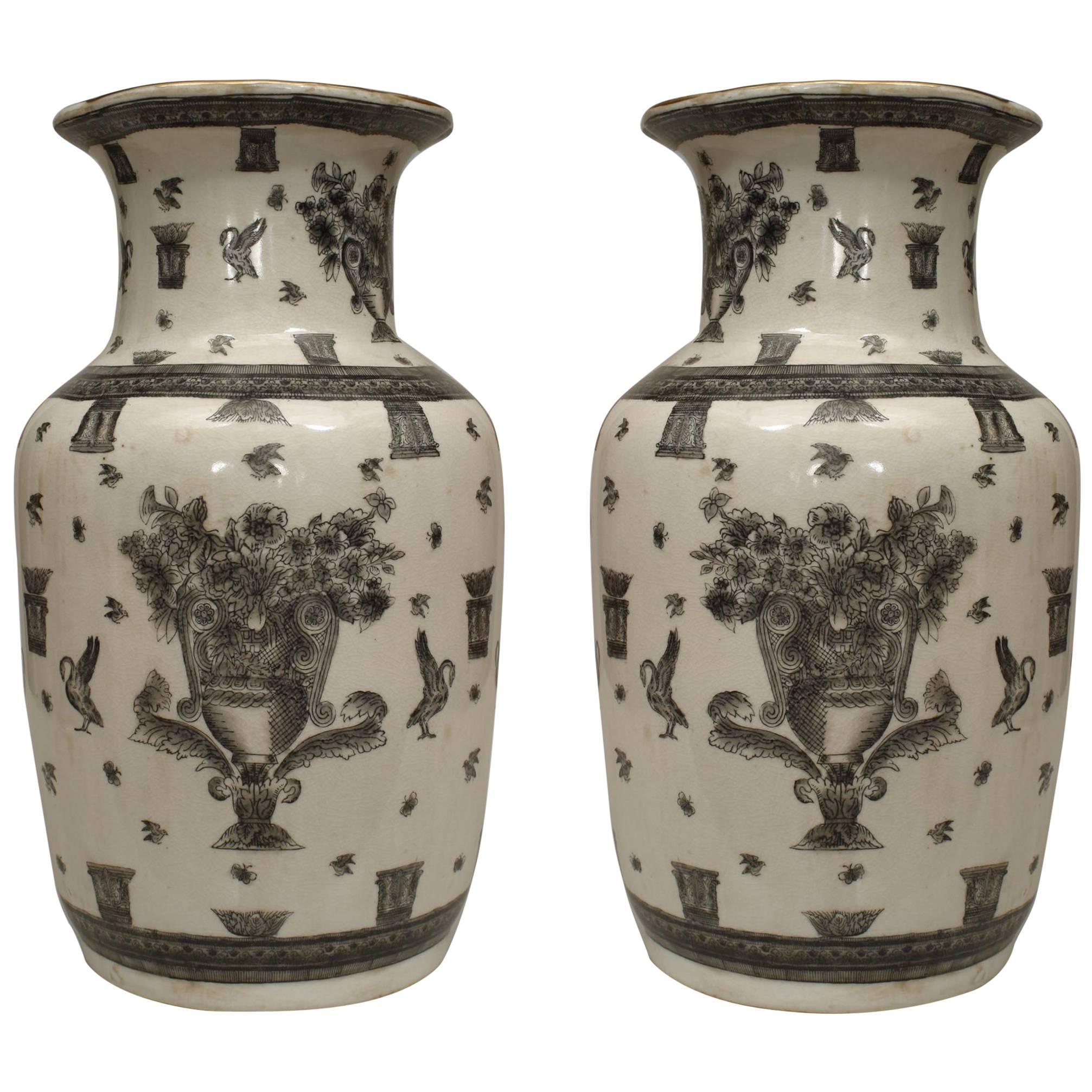 Pair of Chinese White and Black Porcelain Urns For Sale