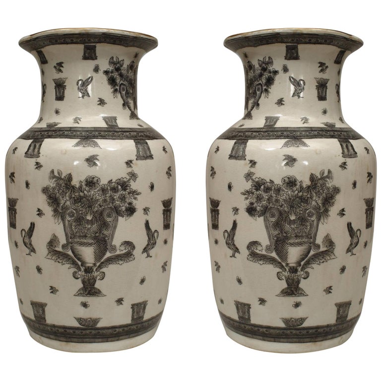 Pair of Asian Chinese Style (19th Century) White and Black Decorated