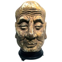 China Sec XVIII Buddha Head in Polychrome Wood