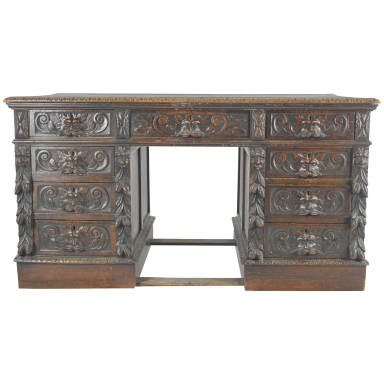 Antique Pedestal Carved Oak Desk Scotland 1880