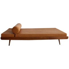 Mid-Century Lounge Daybed in Caramel Genuine Leather Upholstery