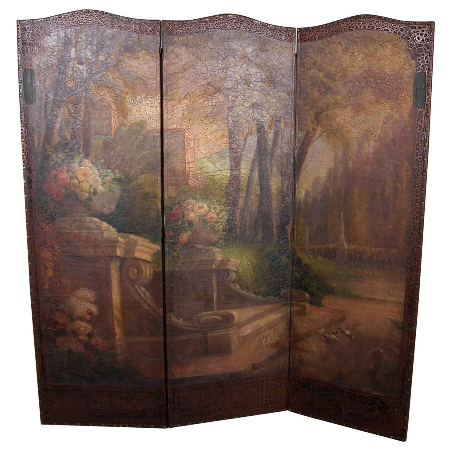 Antique French Louis XVI Style Hand-Painted Garden Three-Panel Dressing Screen