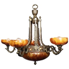 French 20th Century Art Deco Bronze and Carved Alabaster Five-Light Chandelier